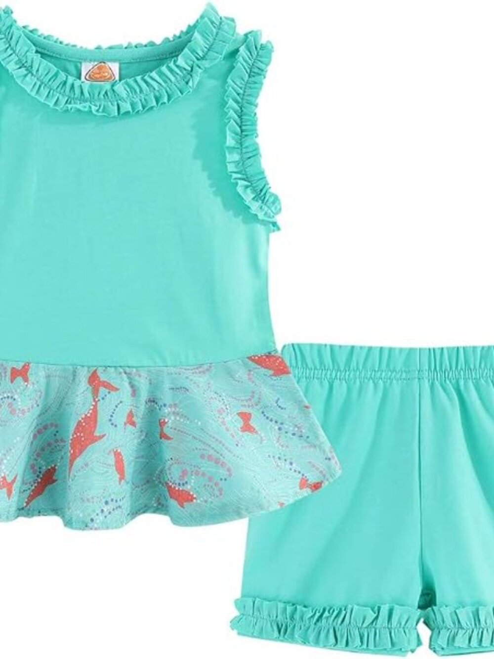 Mud Pie Girl's Peplum Ruffle Hem Top And  Short Set Ocean Print Mint Green